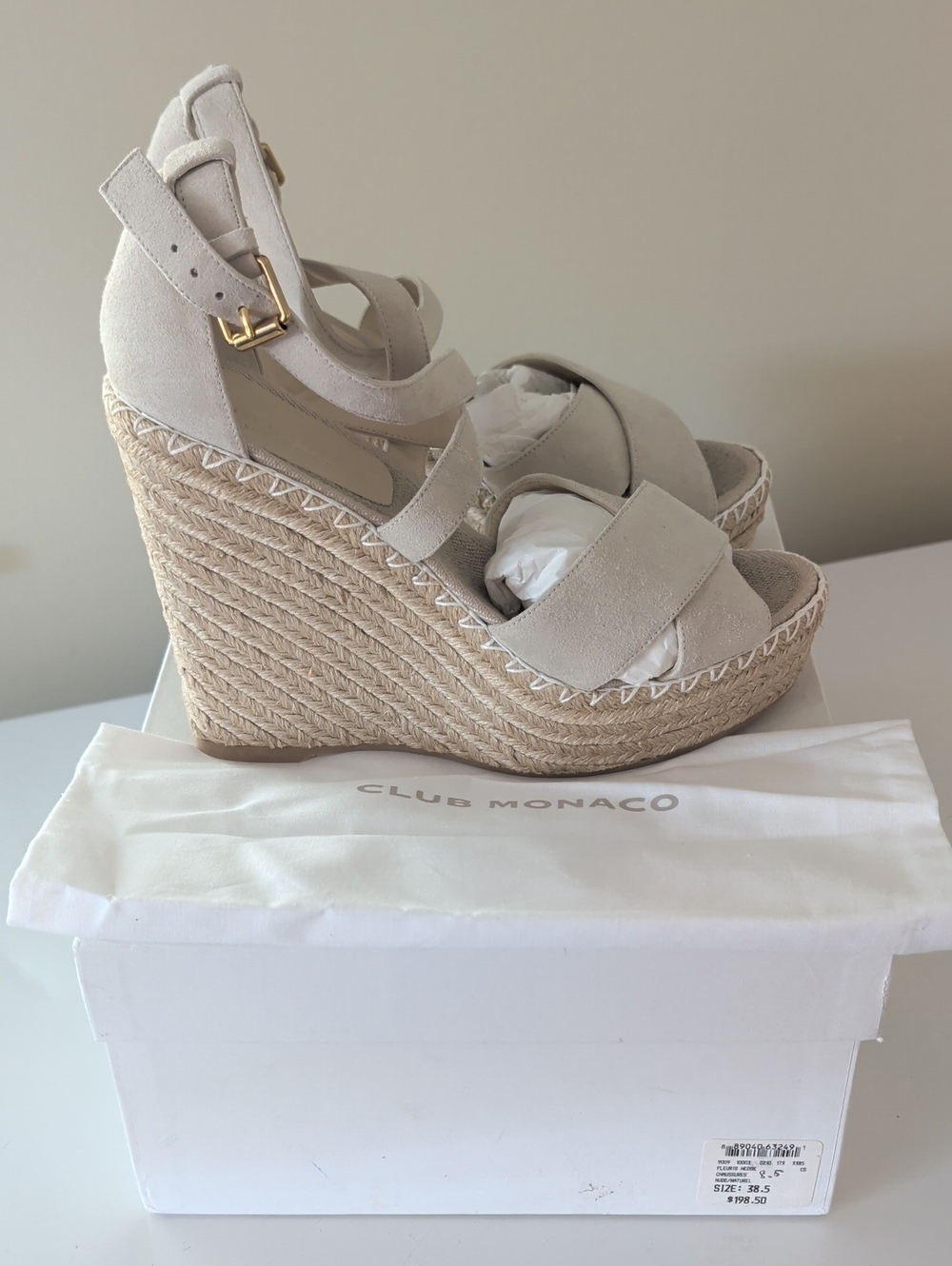 Club Monaco Neutral Suede Espadrille Wedges Size 8.5 NIB | Ankle Strap Sandals